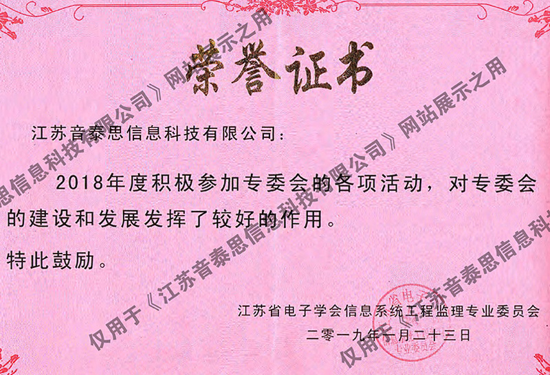 江苏省电子协会的荣誉证书